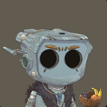 Blokyz #3519, a blue-grey block-headed figure in a fur collar holding a basket of fruit
