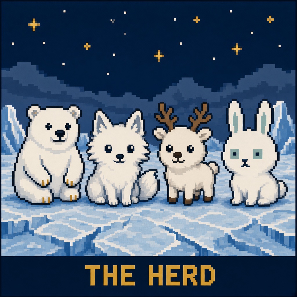 Pixel herd on the ice: bear, fox, deer, and rabbit. Caption THE HERD