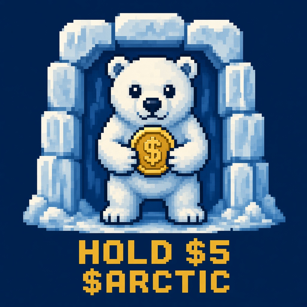 Pixel bear holding a coin, caption HOLD $5 $ARCTIC