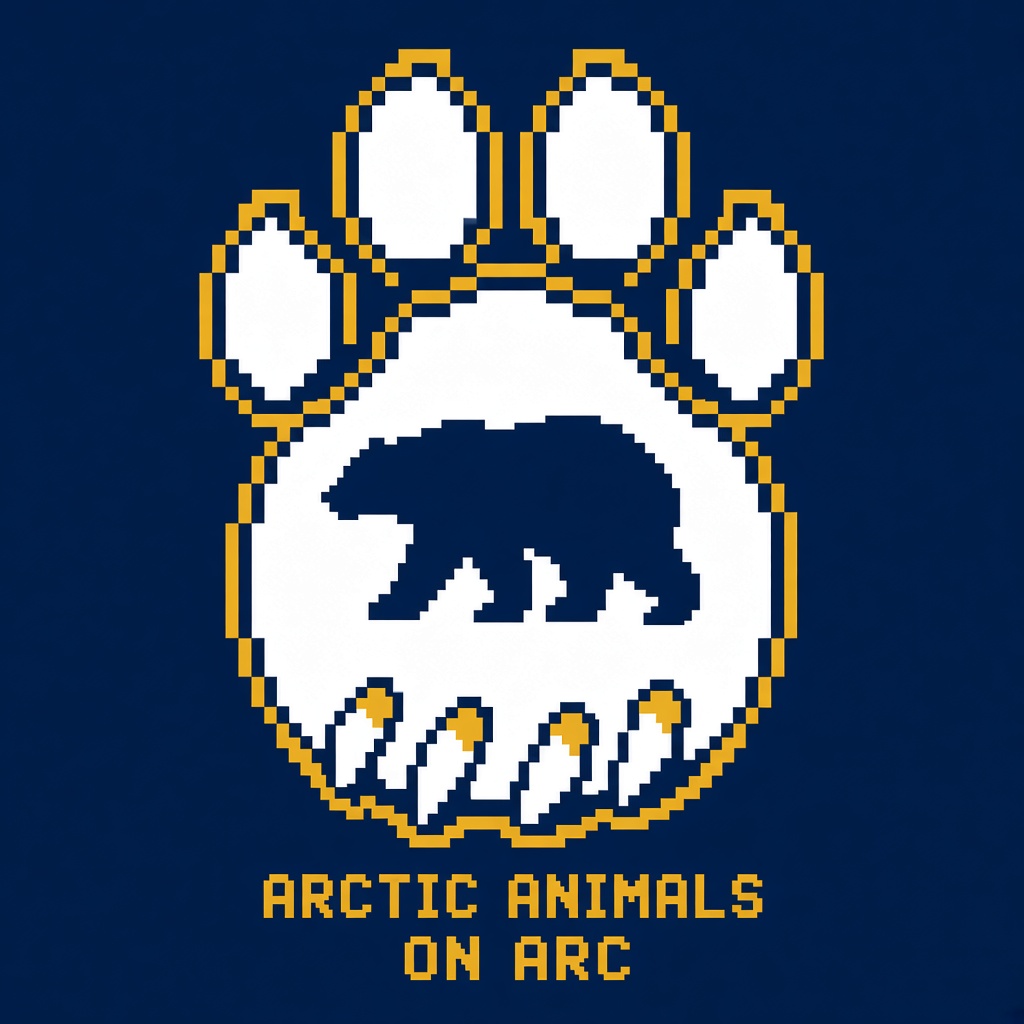 Arctic Animals paw mark, white pad, gold outline, bear silhouette, on navy