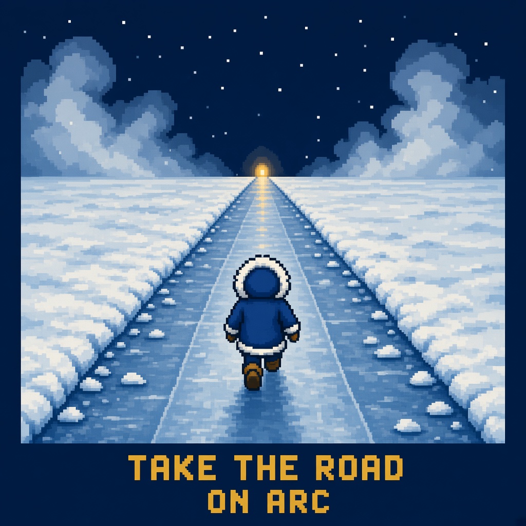 Pixel traveler on an ice road, caption TAKE THE ROAD ON ARC